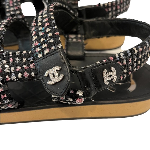 Chanel Sequin Tweed Crystal CC Dad Sandals - Picture 9 of 14